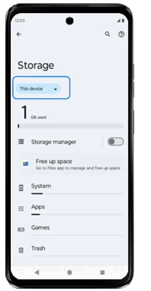 Storage screen with the This device drop-down highlighted