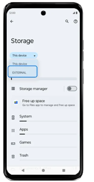 Storage drop-down open with EXTERNAL highlighted