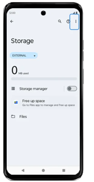 EXTERNAL storage screen with the three-dot menu highlighted