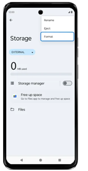 Options menu with Rename, Eject and Format, Format highlighted