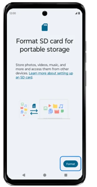 Format SD card for portable storage screen with the Format button highlighted