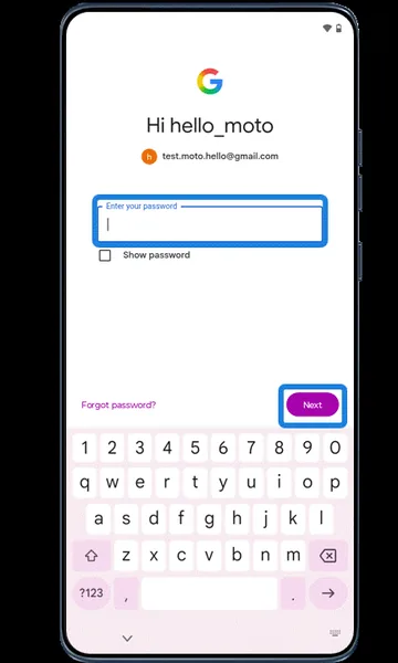 Google password screen with Next highlighted