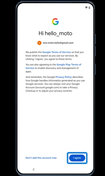 Google terms screen with I agree highlighted