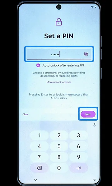 Set a PIN screen