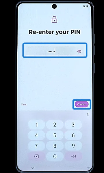 Re-enter your PIN screen with Confirm highlighted