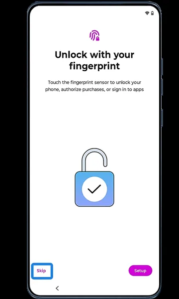 Unlock with your fingerprint screen with Skip highlighted