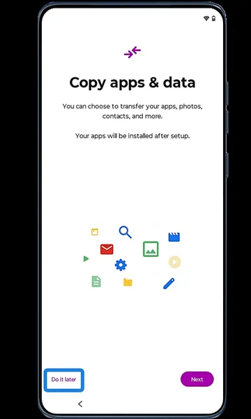 Copy apps and data screen