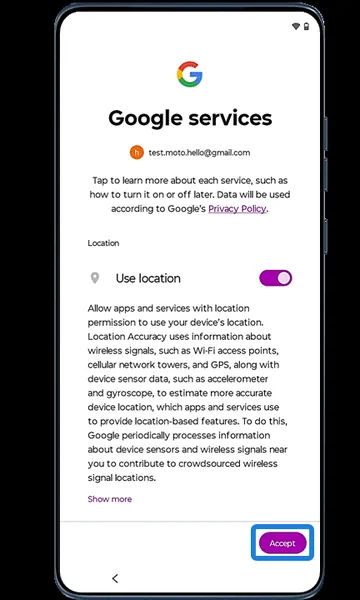 Google services screen with Accept highlighted