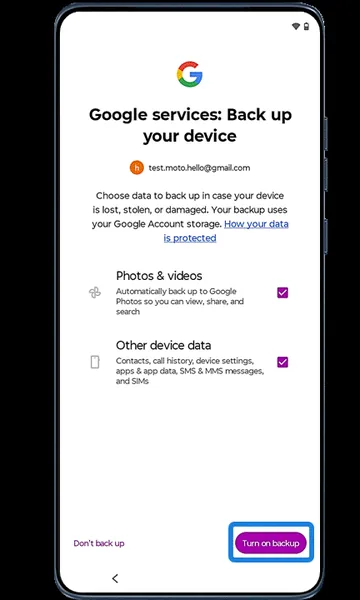 Google services backup screen with Turn on backup highlighted