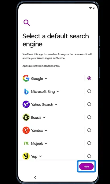 Select a default search engine screen