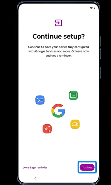Continue setup screen
