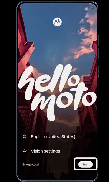 hello moto welcome screen with Start highlighted