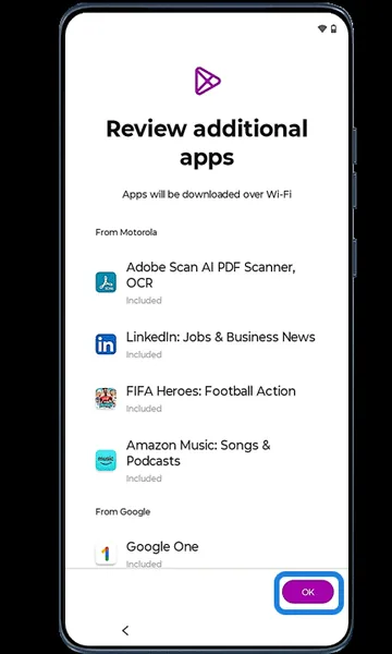 Review additional apps screen with OK highlighted