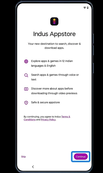 Indus Appstore setup screen