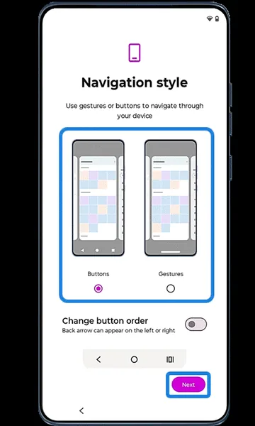 Navigation style screen with gesture and button options