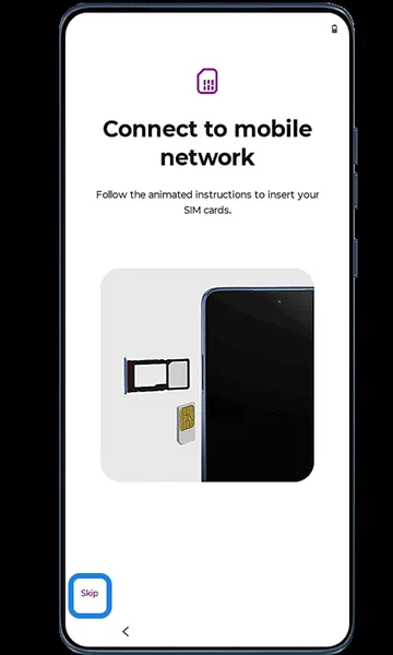 Connect to mobile network screen with Skip highlighted