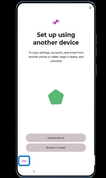 Set up using another device screen with Skip highlighted