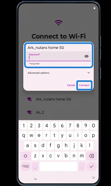 Wi-Fi password entry with Connect highlighted