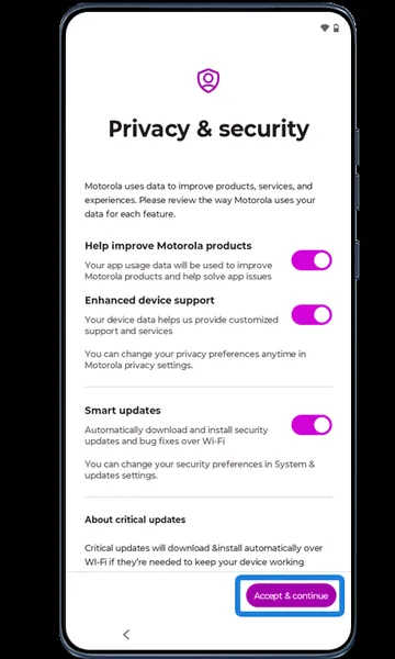 Privacy and security screen with Accept and continue highlighted