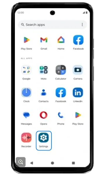 App drawer with Settings highlighted