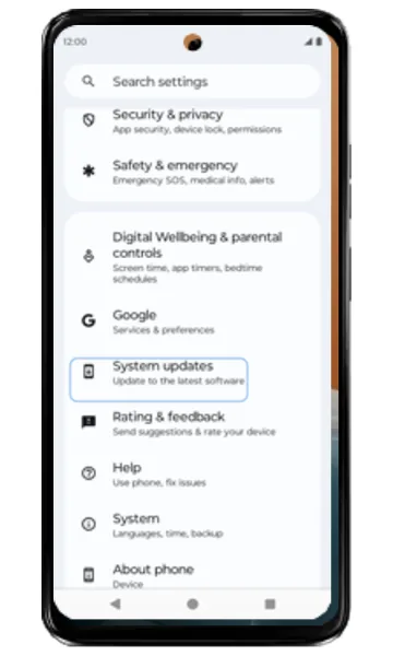 Settings list with System updates highlighted