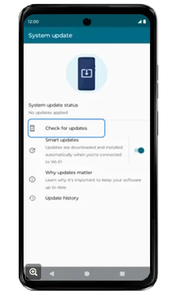 System update screen with Check for updates highlighted