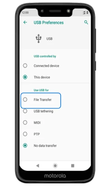 USB Preferences screen with File Transfer highlighted