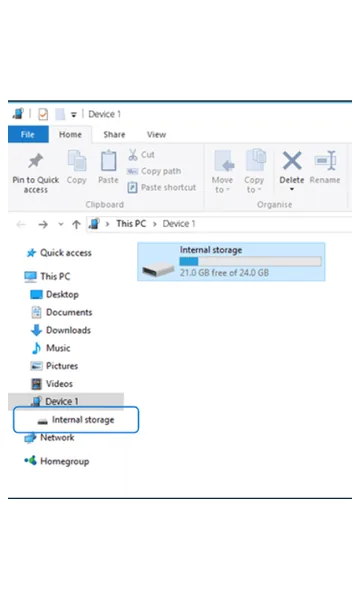 File Explorer with the phone’s Internal storage highlighted