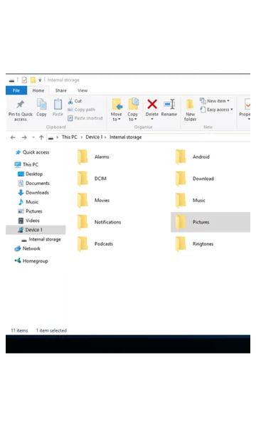 File Explorer showing the phone’s folders such as DCIM, Download and Pictures