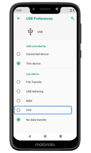 USB Preferences screen with PTP highlighted